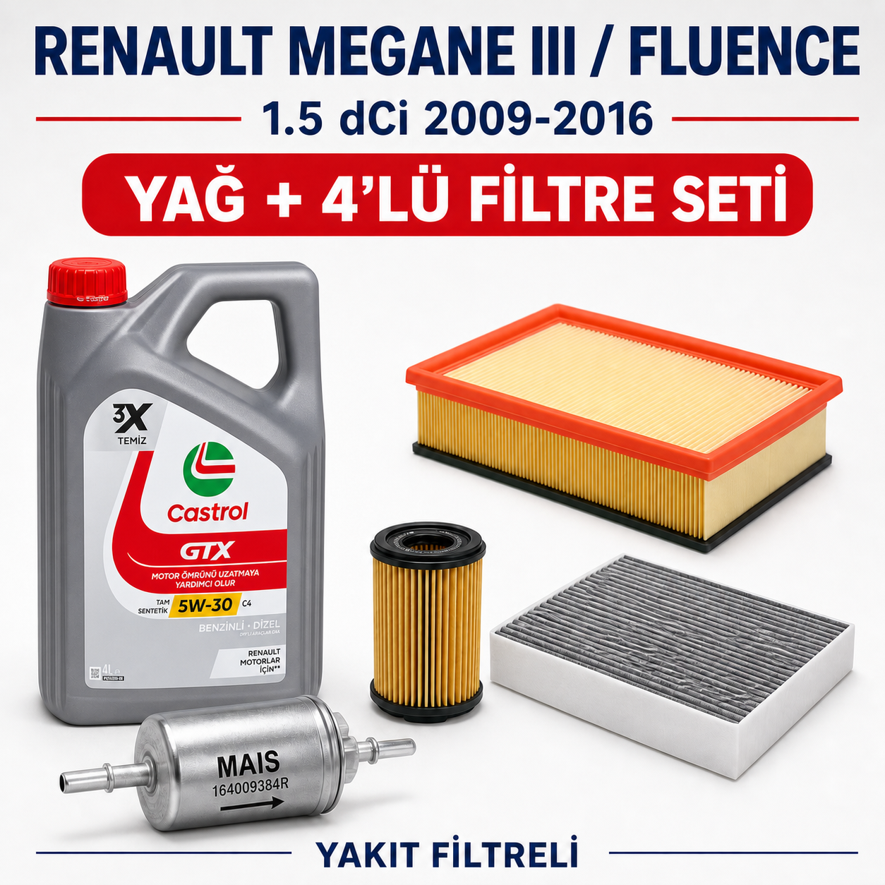 Renault Megane III 2009-2016 / Fluence 2009-2016 1.5 dCi Yağlı Bakım Seti (Yakıt Filtreli)