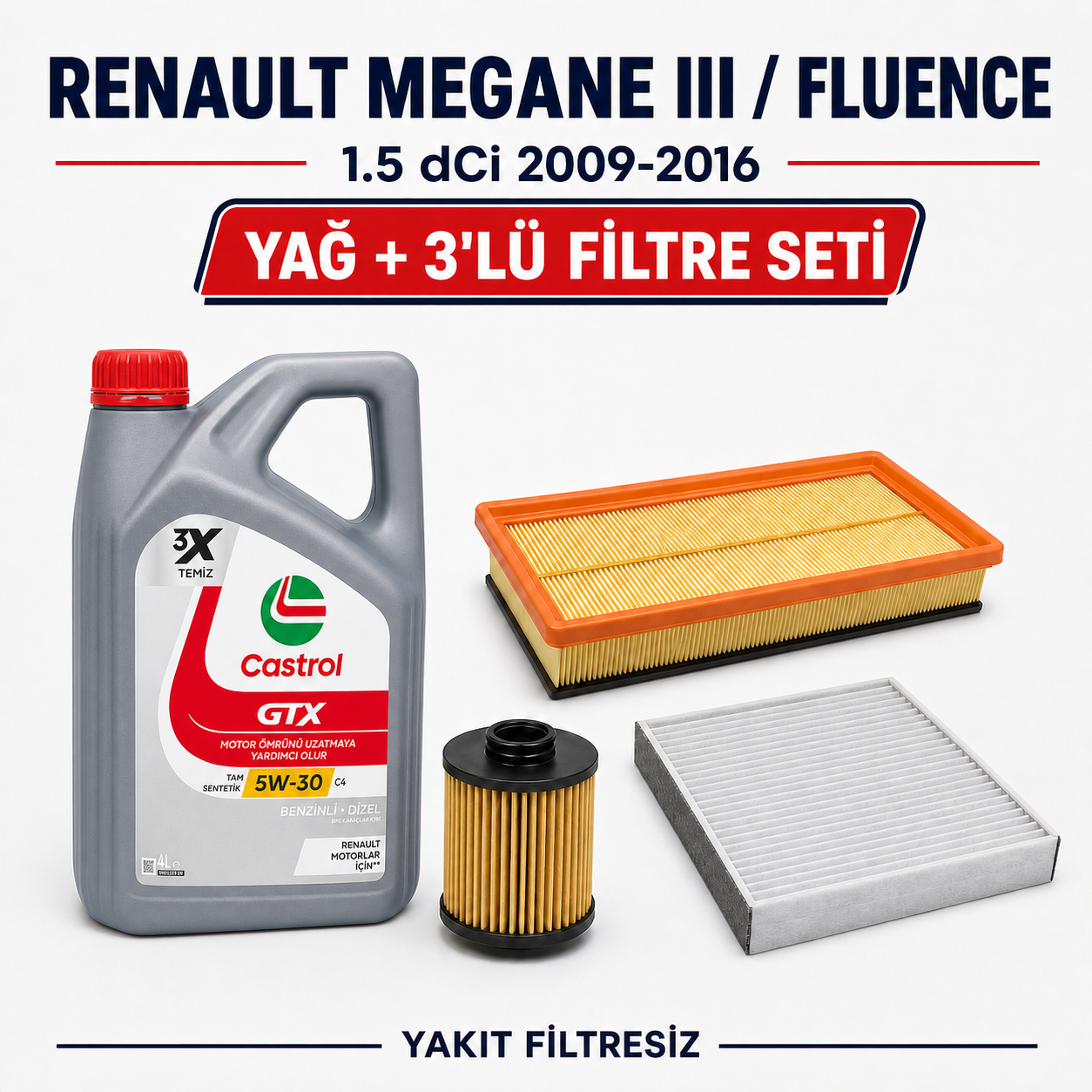 Renault Megane III 2009-2016 / Fluence 2009-2016 1.5 dCi Yağlı Bakım Seti (Yakıt Filtresiz)